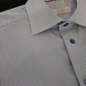 Eton Men's Contemporary Fit Blue White Striped Cotton Dress shirt Size 41/16 EUC